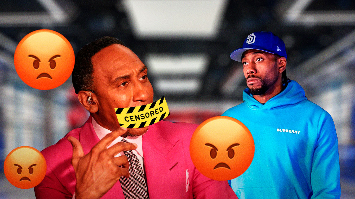 Stephen A. Smith angry, with angry emojis all over him and censored tape on his mouth, with Clippers' Kawhi Leonard in casual clothes beside him