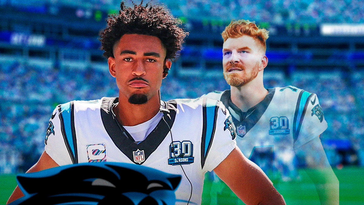 Panthers Bryce Young with Andy Dalton faded away in the background