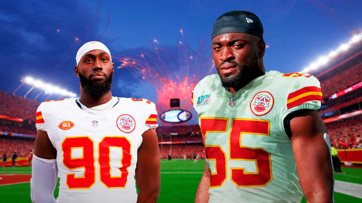 Charles Omenihu smiles at Josh Uche, both in Chiefs jerseys