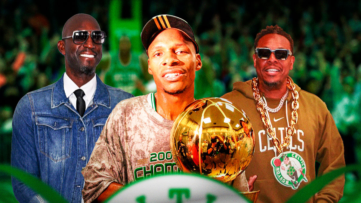 Celtics champion Ray Allen next to Celtics legend Paul Pierce & Celtics legend Kevin Garnett