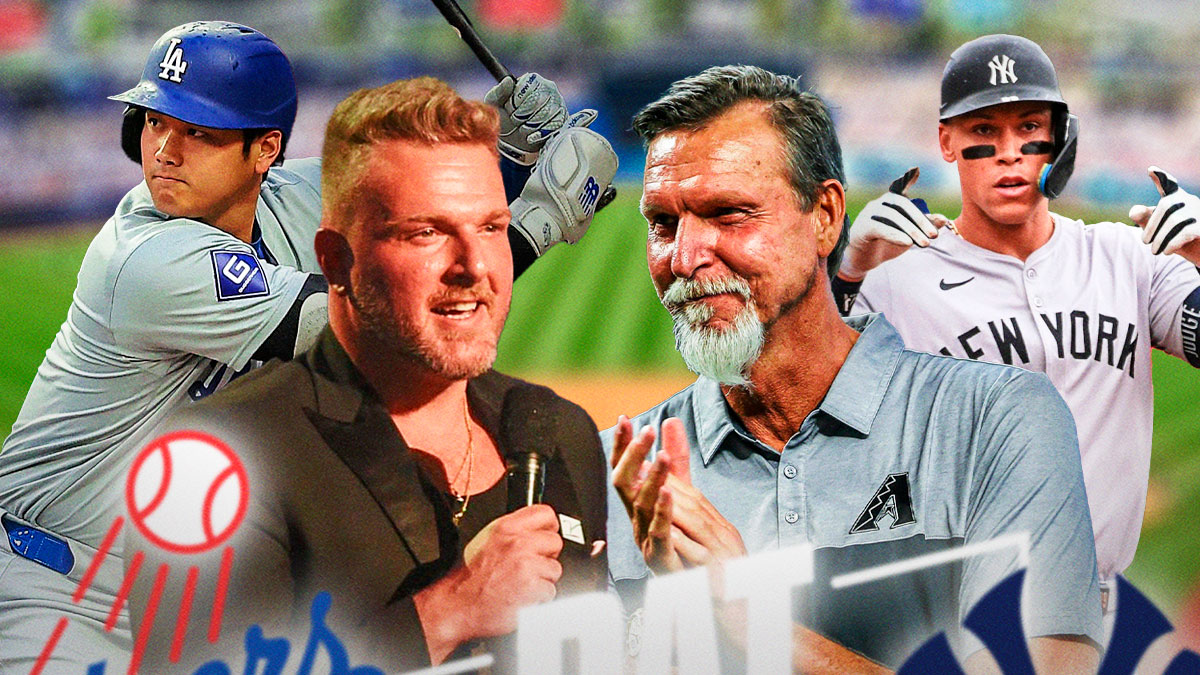 Randy Johnson (in street clothes) next to Pat McAfee, Aaron Judge, and Shohei Ohtani