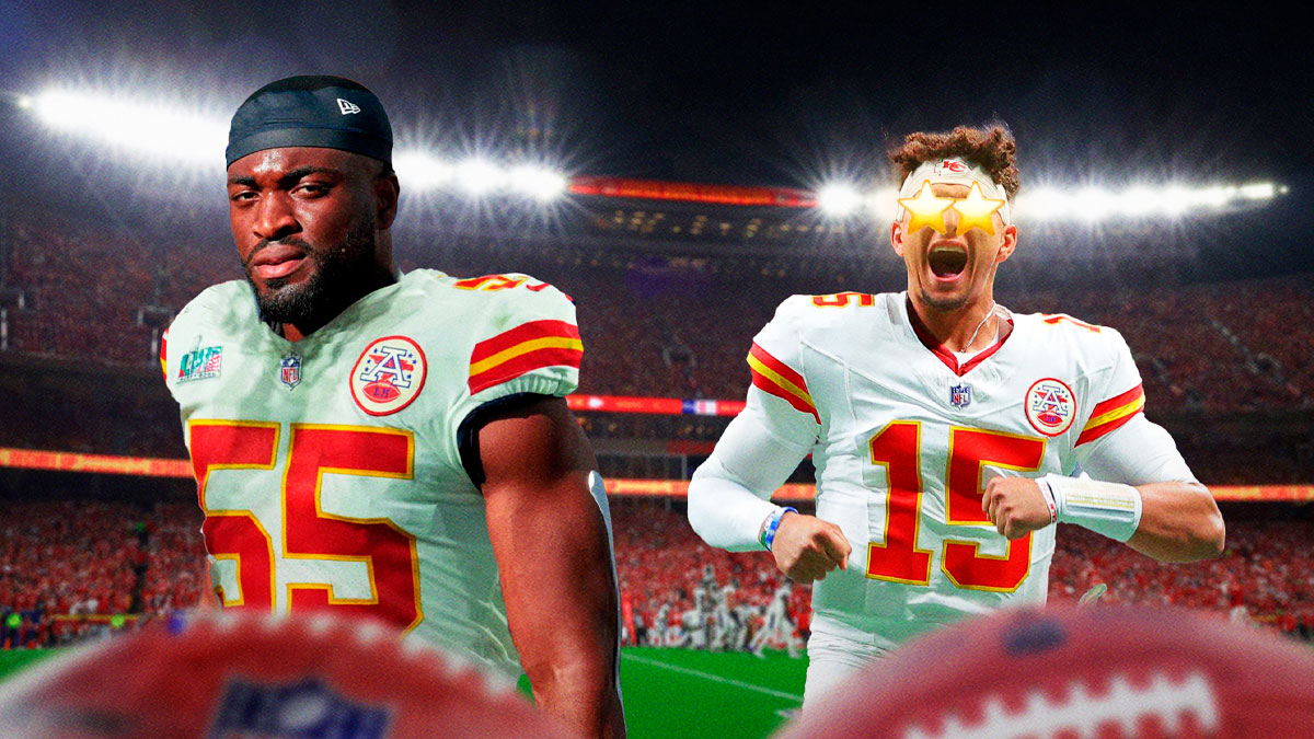 Josh Uche in a Chiefs jersey and Patrick Mahomes with stars in his eyes