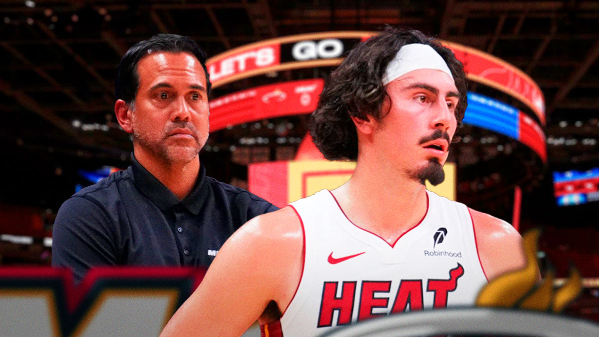 Miami Heat head coach Erik Spoelstra and Jaime Jaquez Jr. in front of Kaseya Center.