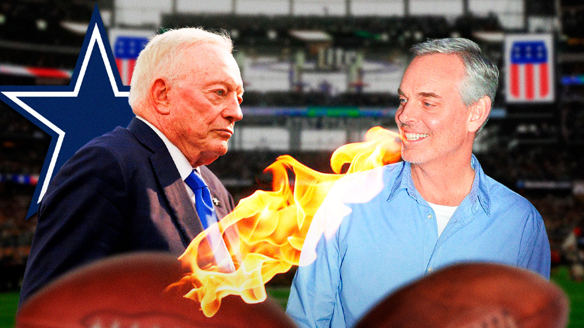 Colin Cowherd with fire coming out of mouth. Jerry Jones looking sad. Cowboys' logo in the background