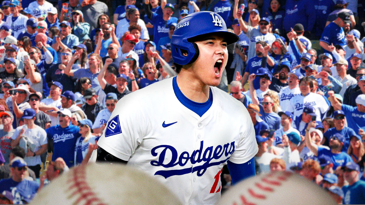 Shohei Ohtani (Dodgers) playing, a gigantic crowd of fans behind him cheering him on