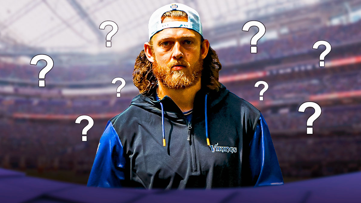 A photo of the Minnesota Vikings tight end T.J. Hockenson with question marks around him.