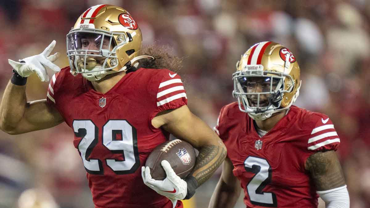 September 21, 2023; Santa Clara, California, USA; San Francisco 49ers safety Talanoa Hufanga (29) celebrates after an interception during the fourth quarter against the New York Giants at Levi's Stadium.
