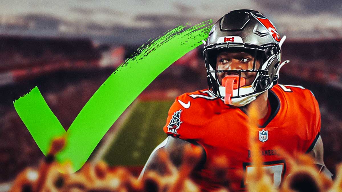 Bucky Irving in Buccaneers uniform with green checkmark.