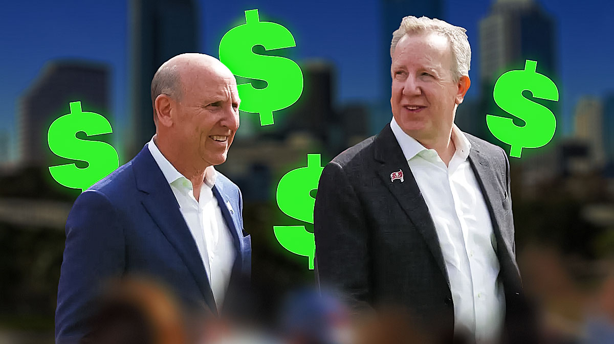 Tampa Bay Buccaneers owners Bryan and Joel Glazer with dollar signs around them and a background of the city of Tampa, Florida.