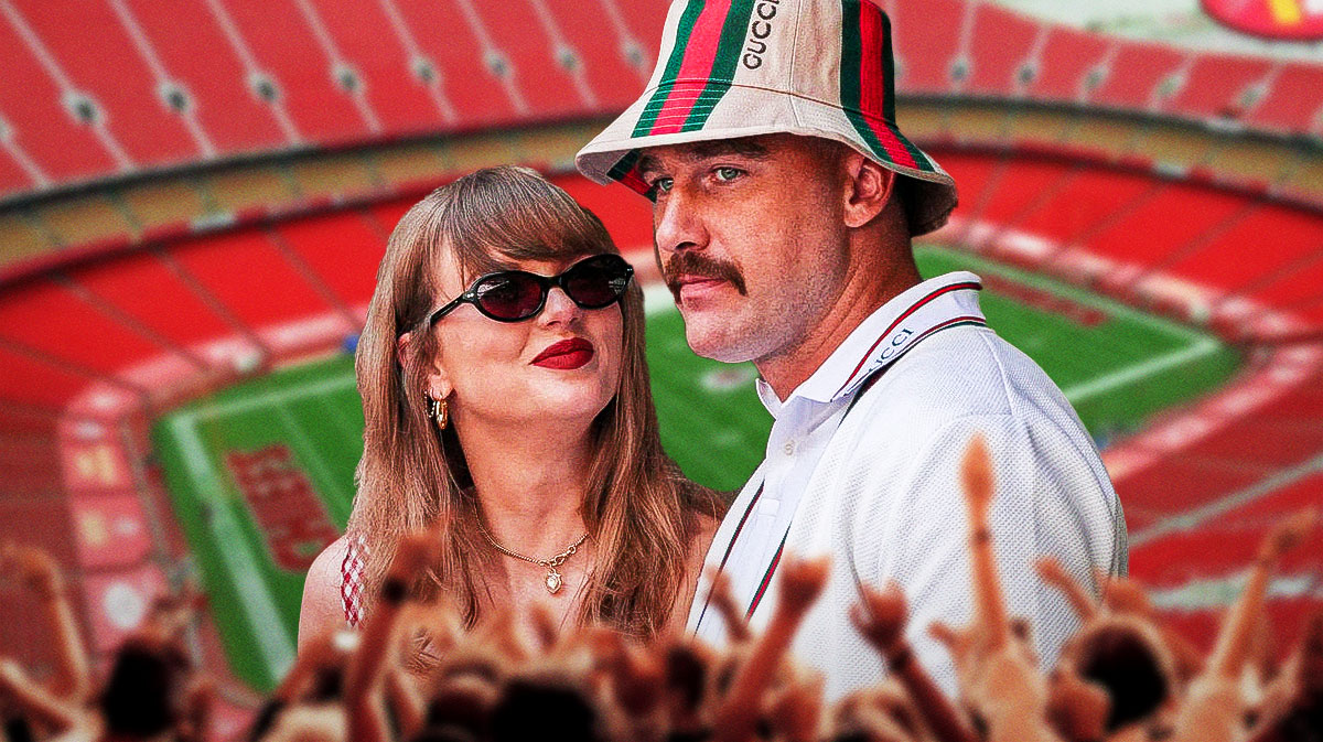 Taylor Swift and Travis Kelce with GEHA Field at Arrowhead Stadium, home of the Kansas City Chiefs, backround.