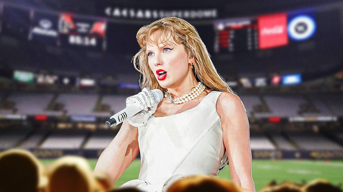 Afterglow singer Taylor Swift on her Eras Tour with Caesars Superdome in New Orleans, Louisiana, background, where the tour stayed for three shows.