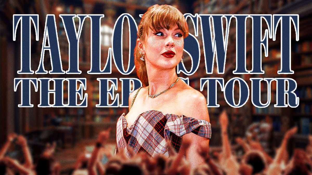Taylor Swift with Eras Tour logo and bookstore behind her.