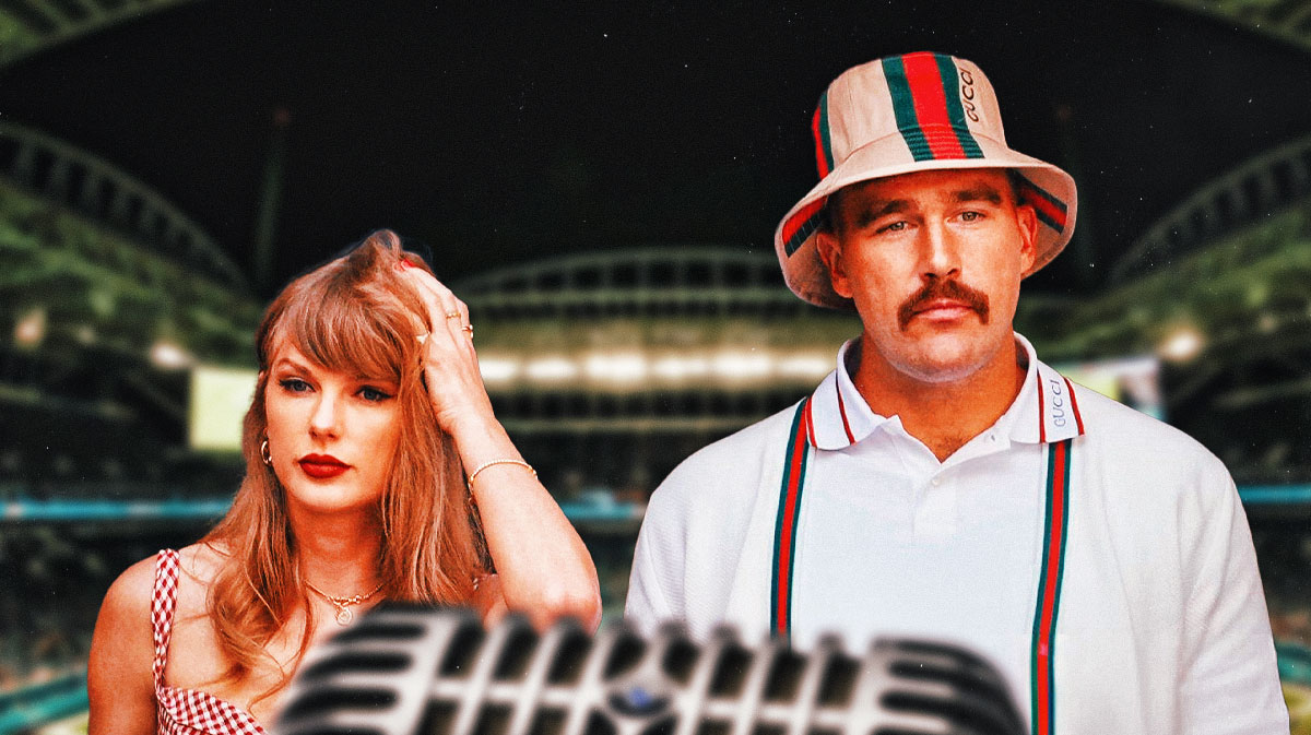 Taylor Swift and Kansas City Chiefs tight end Travis Kelce with Hard Rock Stadium in Miami, Florida, where the Eras Tour just had three shows, in background.