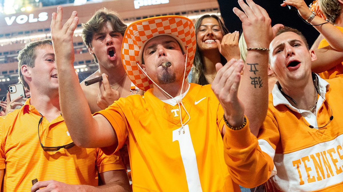 Tennessee students light up cigars after an SEC conference game between Tennessee and Alabama in Neyland Stadium