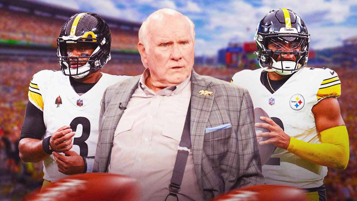 Terry Bradshaw in between Steelers' Russell Wilson and Justin Fields