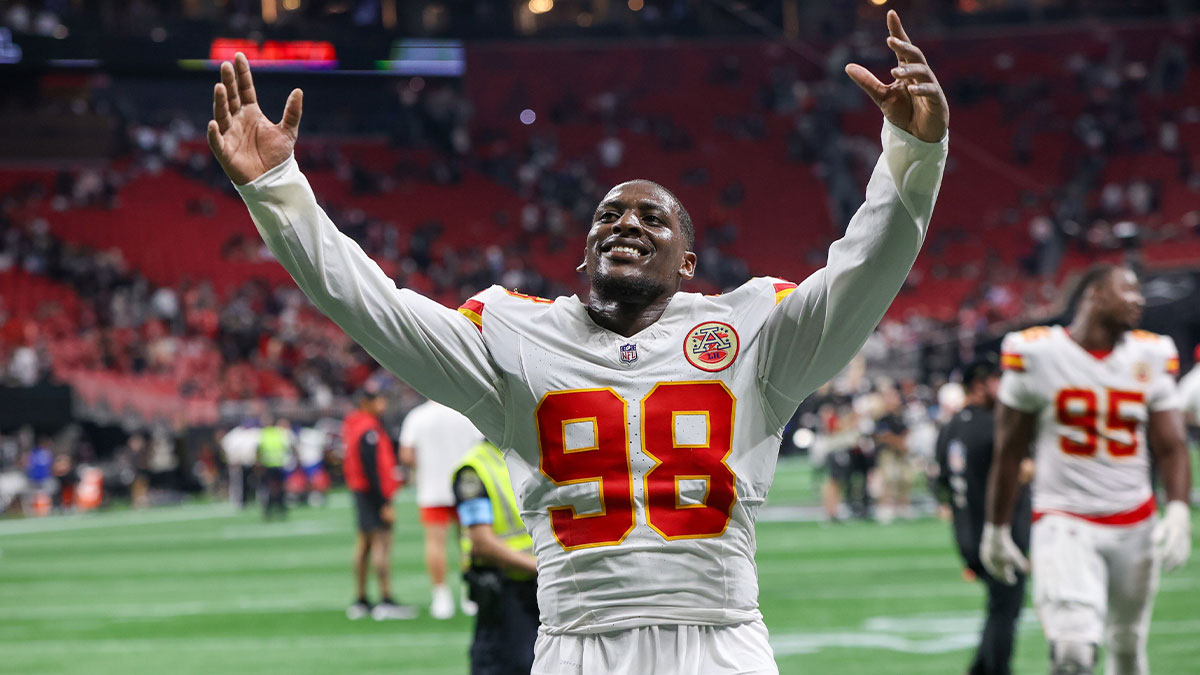 Kansas City Chiefs defensive tackle Tershawn Wharton (98) celebrates after a victory over the Atlanta Falcons at Mercedes-Benz Stadium.