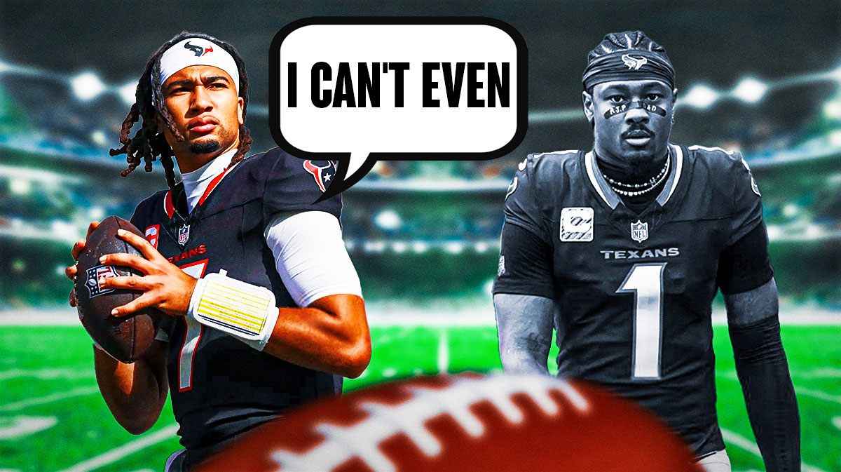 Texans' CJ Stroud with a talk bubble that says I CAN'T EVEN next to a greyed out Stefon Diggs