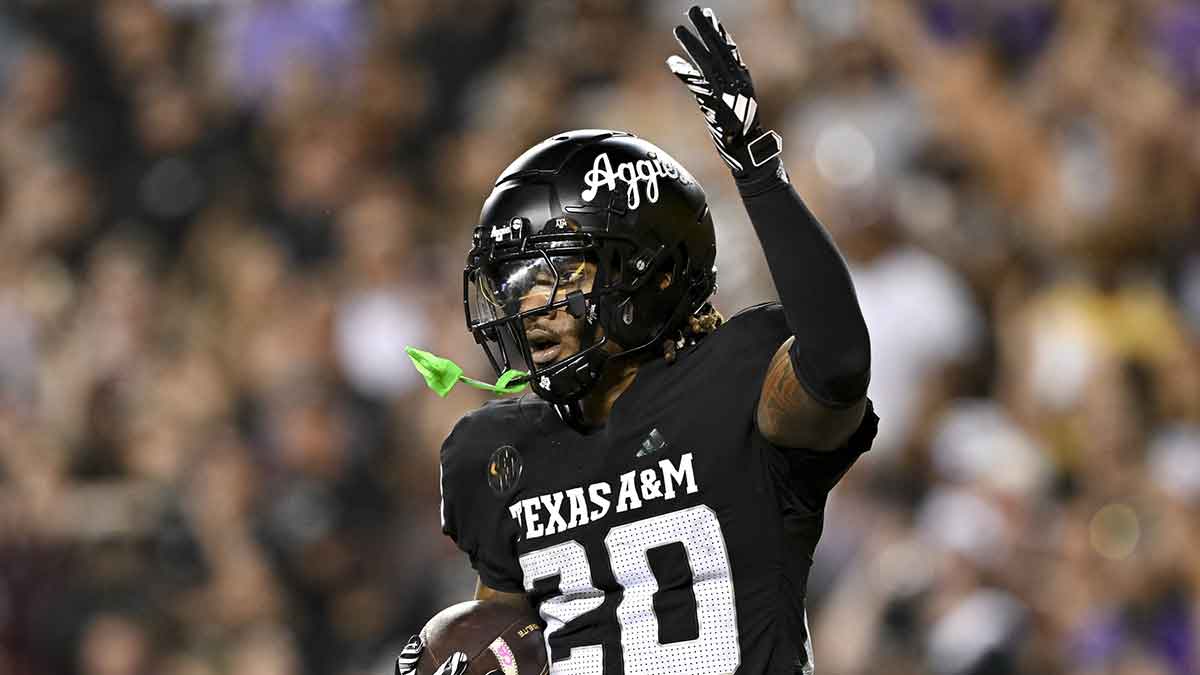 Texas A&M Aggies defensive back BJ Mayes (20) reacts after catching the ball for an interception in the third quarter against the LSU Tigers at Kyle Field.