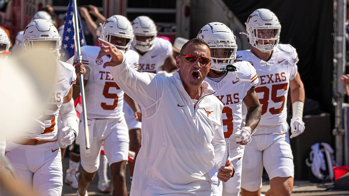 Texas Longhons head coach Steve Sarkisian leads his team onto the field ahead of the Red River Rivalry game against Oklahoma at the Cotton Bowl on Saturday, Oct. 12, 2024 in Dallas, Texas.