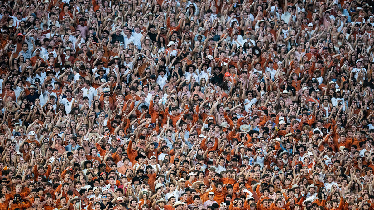 Texas fans cheer moments before the start of the first quarter of the Longhorns' game against the Georgia Bulldogs at Darrell K. Royal Texas Memorial Stadium in Austin, Oct. 19, 2024.