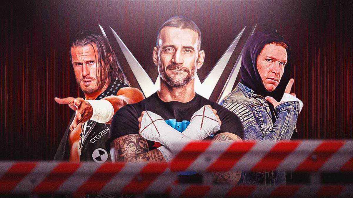 CM Punk with Chris Saban on his left and Alex Shelley on his right with the WWE logo as the background.