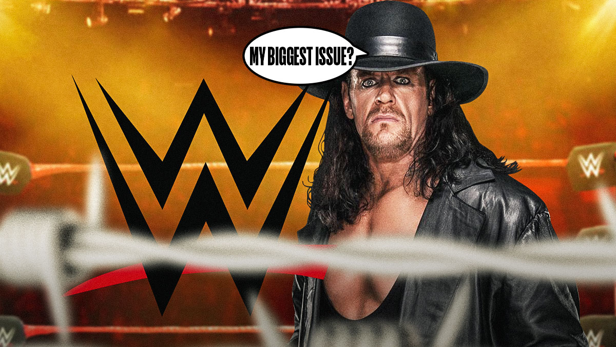 The Undertaker with a text bubble reading "My biggest issue?" in front of the WWE logo in a wrestling ring.