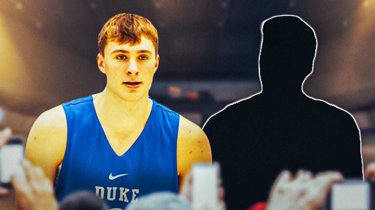 Duke basketball freshman Cooper Flagg next to a silhouette of Kon Knueppel