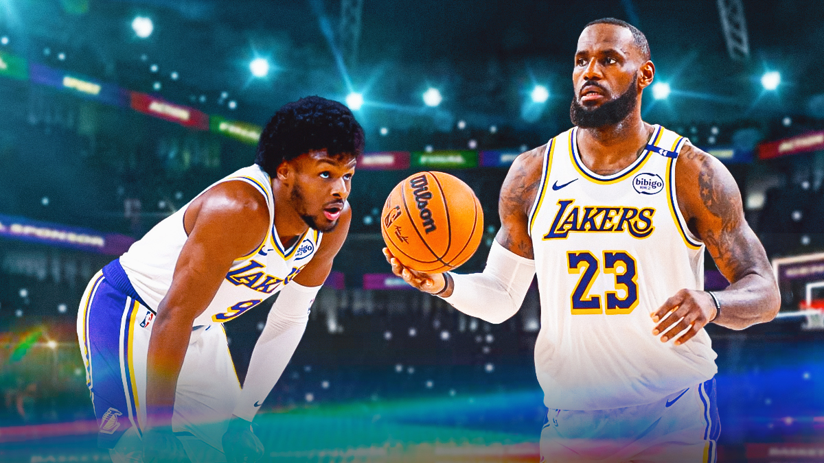 Photo: Bronny James with his dad LeBron James, both in Lakers jerseys