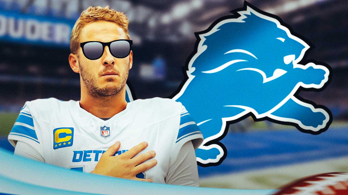 Detroit Lions QB Jared Goff wearing big sunglasses. Goff has a speech bubble with the three dots emoji inside. There is also a logo for the Detroit Lions.