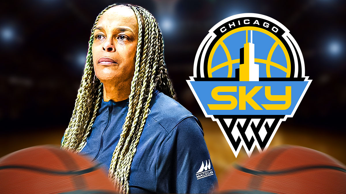 Former Chicago Sky coach Teresa Weatherspoon looking serious on left. Chicago Sky 2024 logo on right.