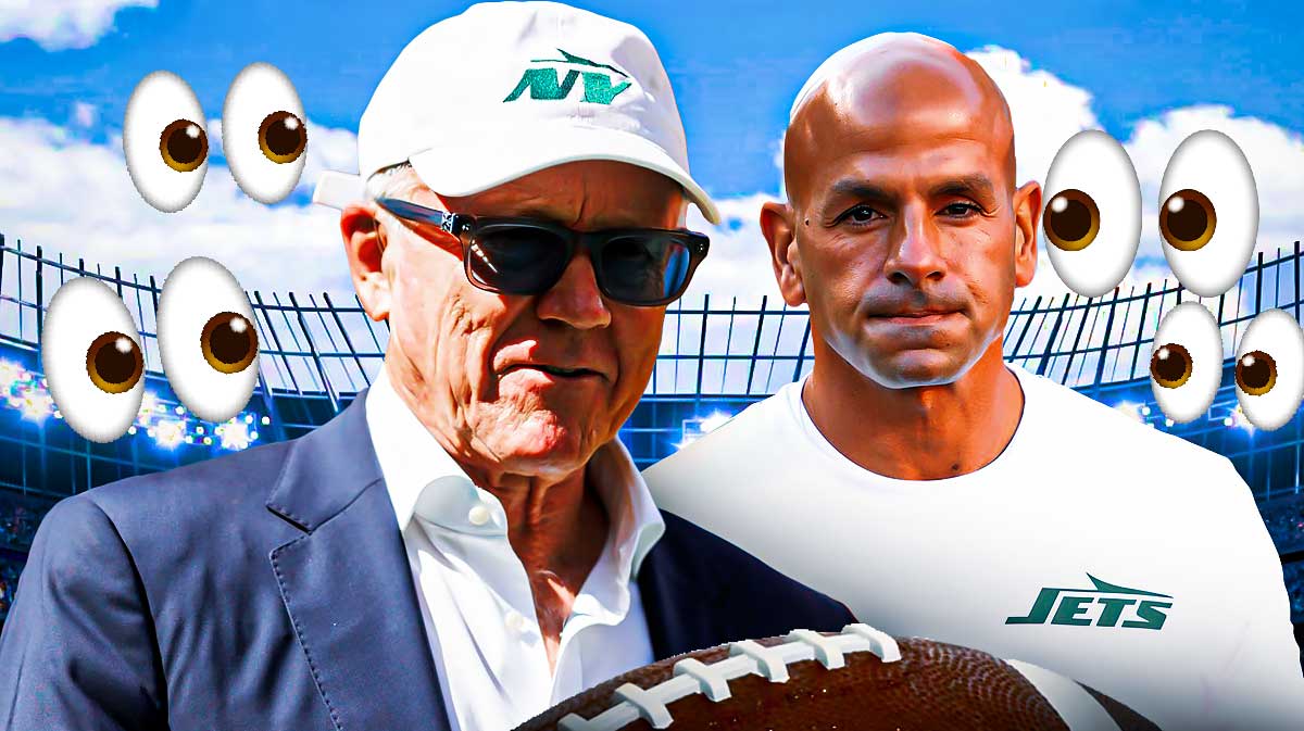 New York Jets owner Woody Johnson with Robert Saleh. They are surrounded by eyes emojis (👀) There is also a logo for the New York Jets.