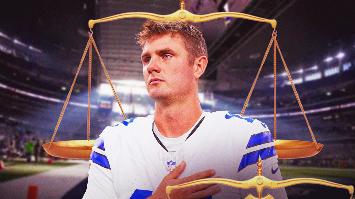 Brandon Aubrey in a Dallas Cowboys uniform with the scales of justice in the background as Aubrey missed practice to go to jury duty while the cowboys prepare for the 49ers in Week 8.