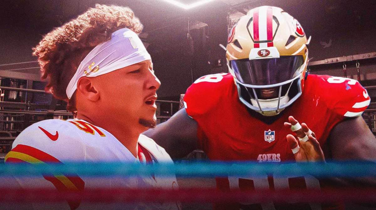 Chiefs QB Patrick Mahomes and 49ers DL Maliek Collins in a boxing ring