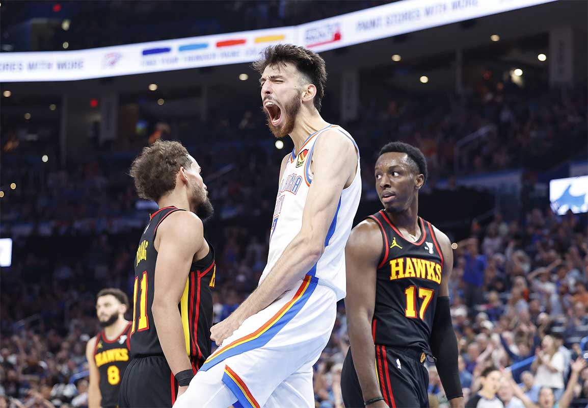Thunder forward Chet Holmgren (7) celebrates after dunking against the Atlanta Hawks during the second half at Paycom Center