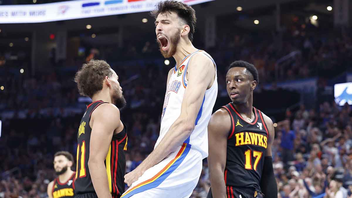 Thunder forward Chet Holmgren (7) celebrates after dunking against the Atlanta Hawks during the second half at Paycom Center