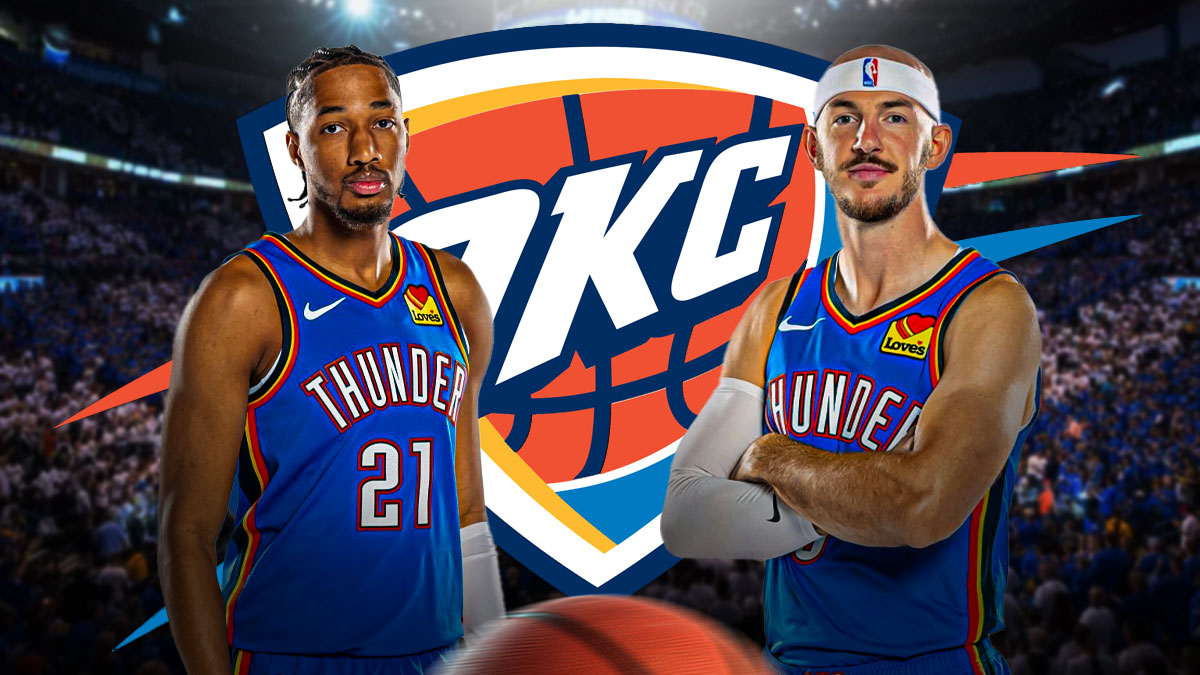 Thunder guard Aaron Wiggins next to Thunder guard Alex Caruso, the Thunder logo & an arena in the background