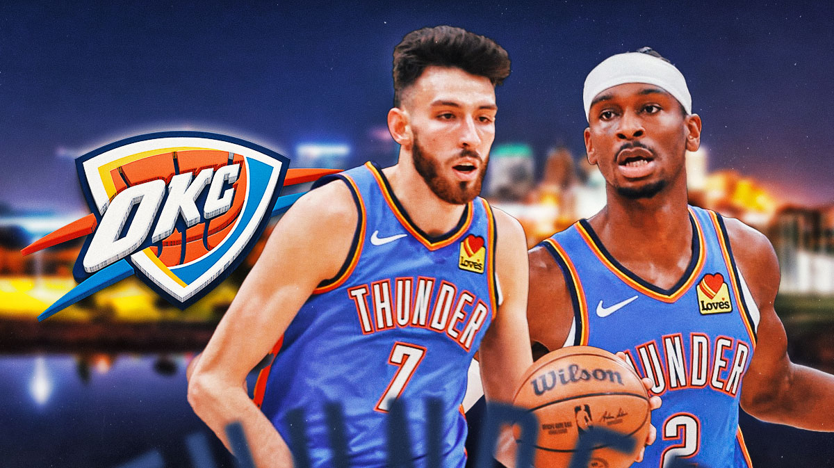 The Thunder logo next to Thunder forward Chet Holmgren and Thunder guard Shai Gilgeous-Alexander & the Oklahoma City skyline in the background