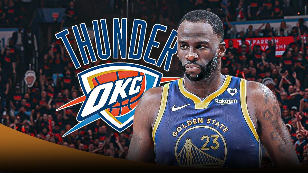 Warriors' Draymond Green next to Thunder logo