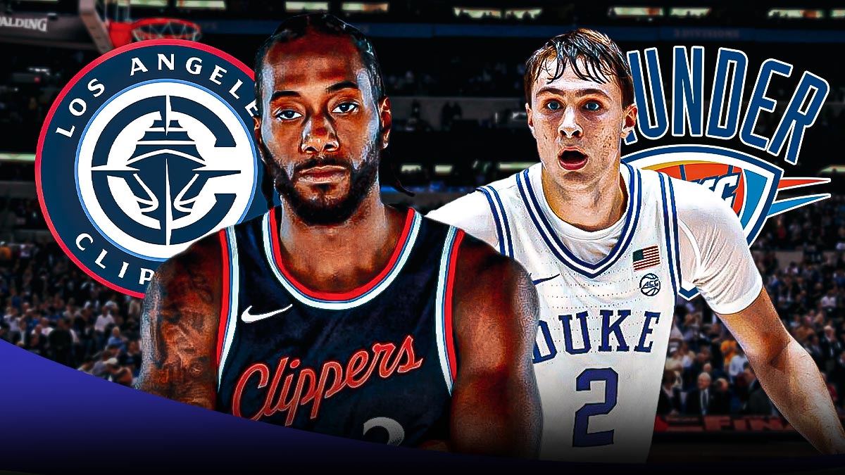 Clippers forward Kawhi Leonard next to the Clippers logo on one side & Duke basketball star Cooper Flagg next to the Thunder logo on the other
