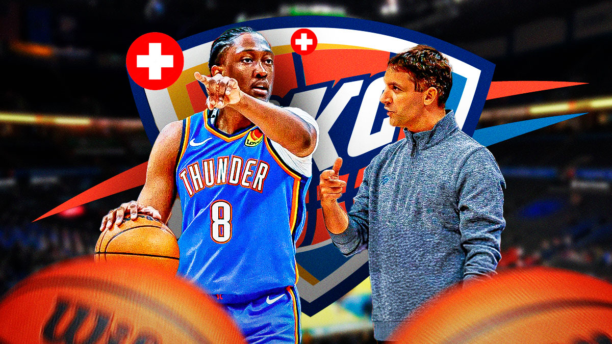 Thunder forward Jalen Williams with the health logo next to him and Thunder head coach Mark Daigneault and the Thunder logo in the background