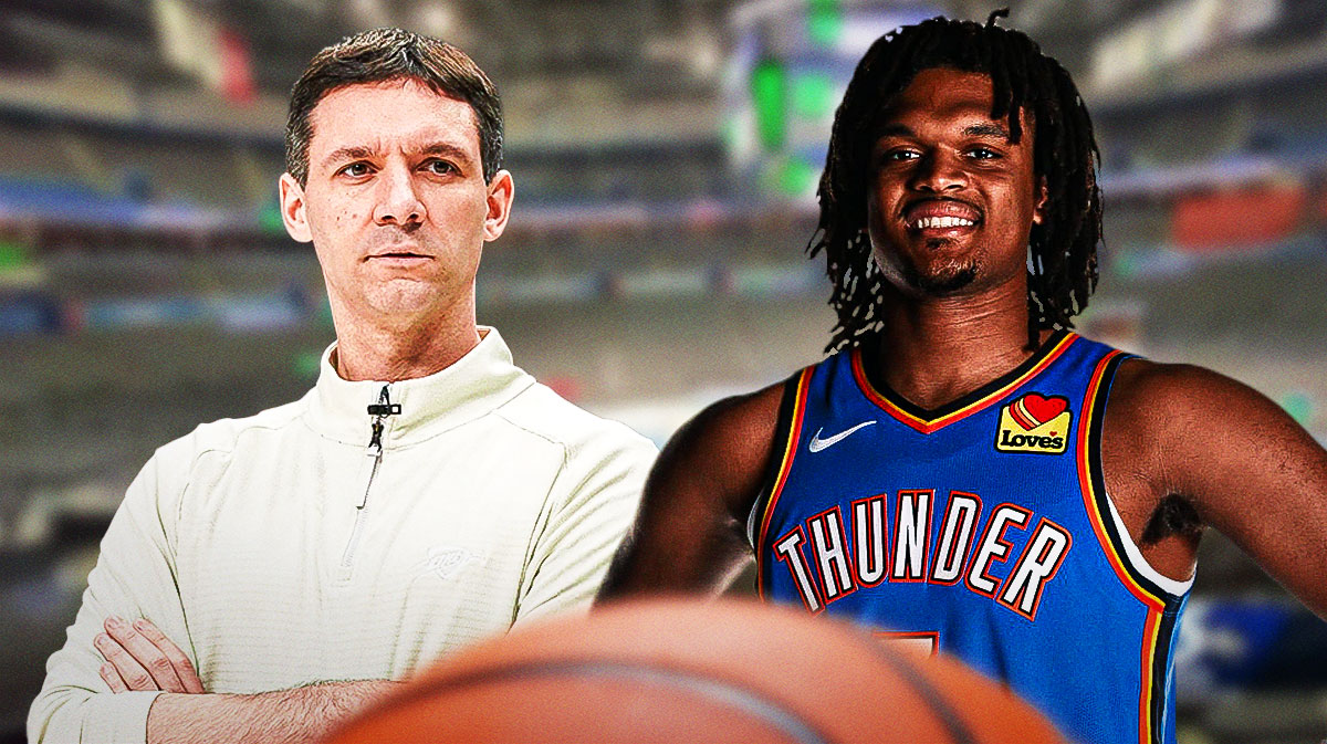 Thunder head coach Mark Daigneault next to Thunder rookie Dillon Jones with the Paycom Center in the background