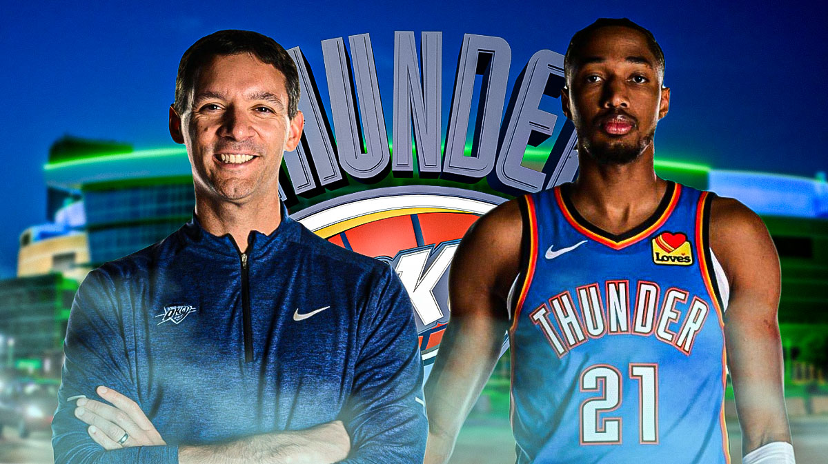 Thunder head coach Mark Daigneault next to Thunder forward Aaron Wiggins behind Paycom Center's 3-point arc with the Thunder logo in the background