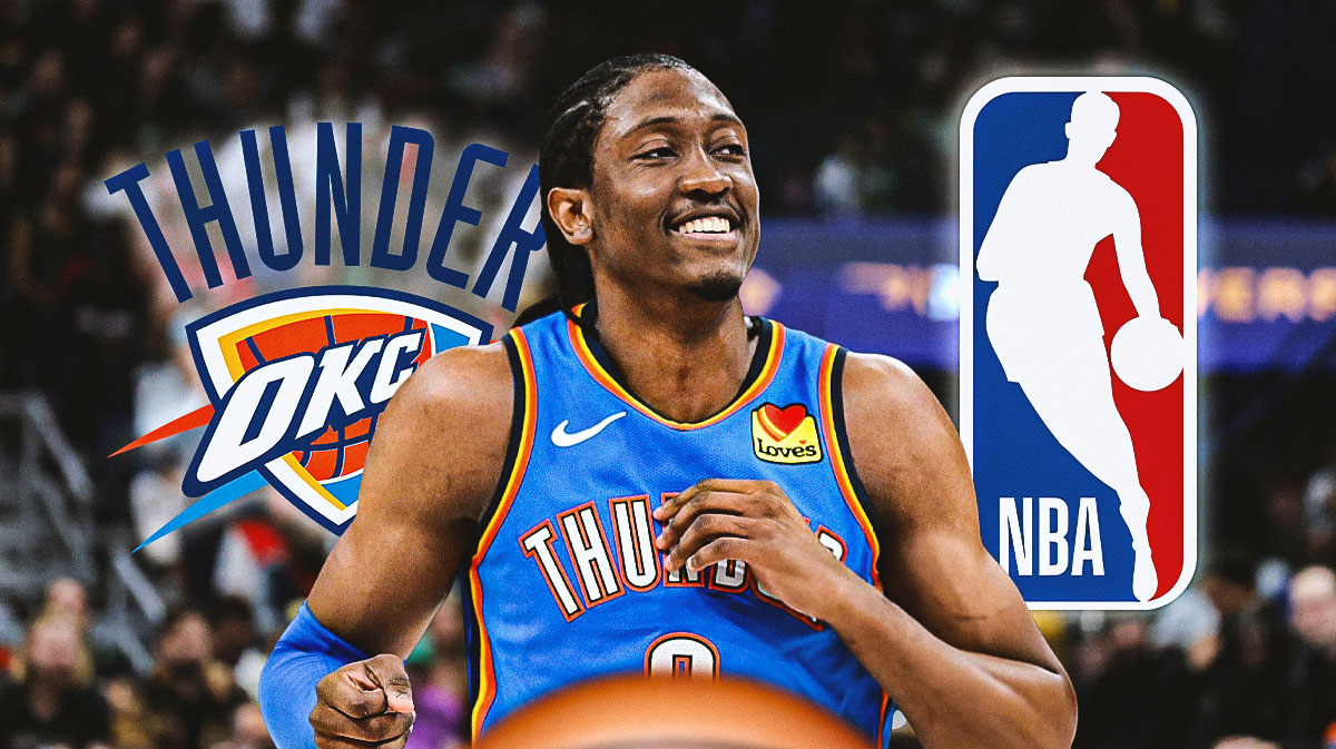 Thunder's Jalen Williams next to the Thunder and NBA logo with the Paycom Center in the background