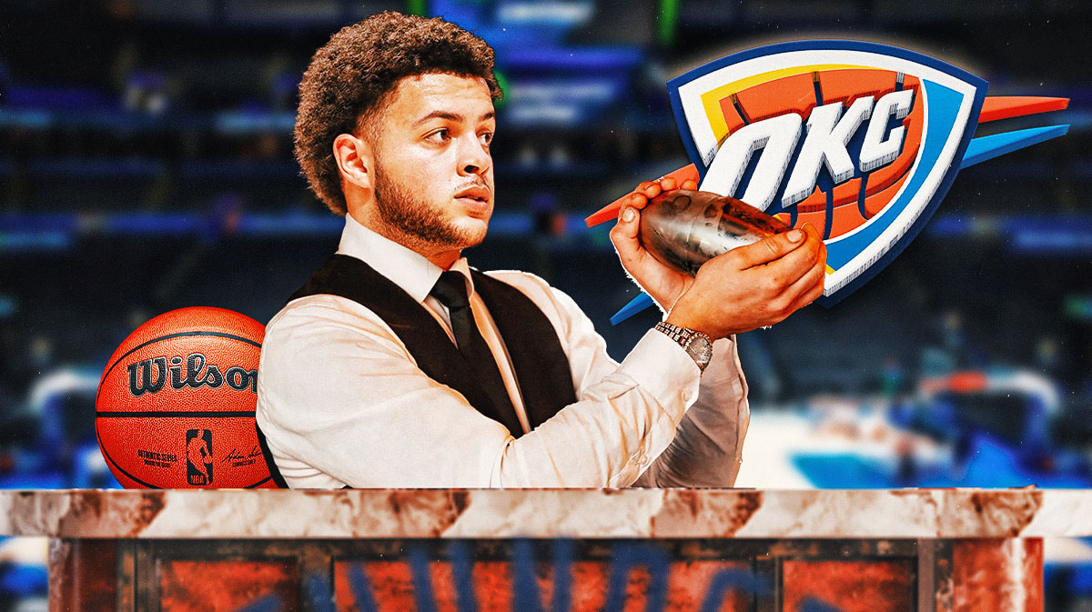 Center/forward Alex Reese standing behind a restaurant bar serving or making an alcoholic beverage with a basketball next to him & the Thunder logo with the Paycom Center in the background