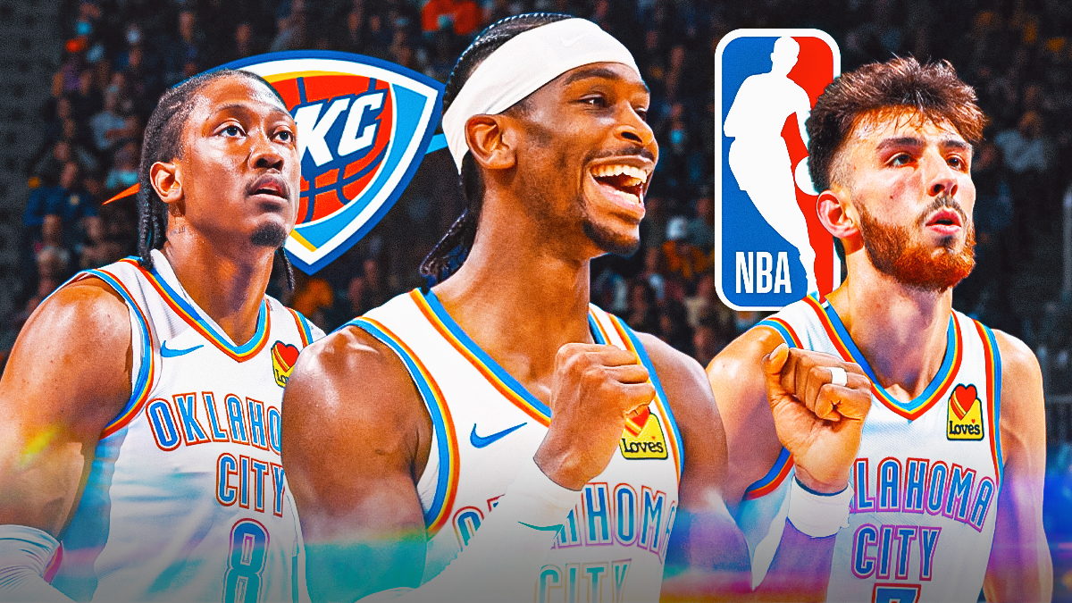 Thunder superstar Shai Gilgeous-Alexander, Thunder forward Chet Holmgren & Thunder forward Jalen Williams next to the Thunder logo with the NBA logo in the background NBA power rankings