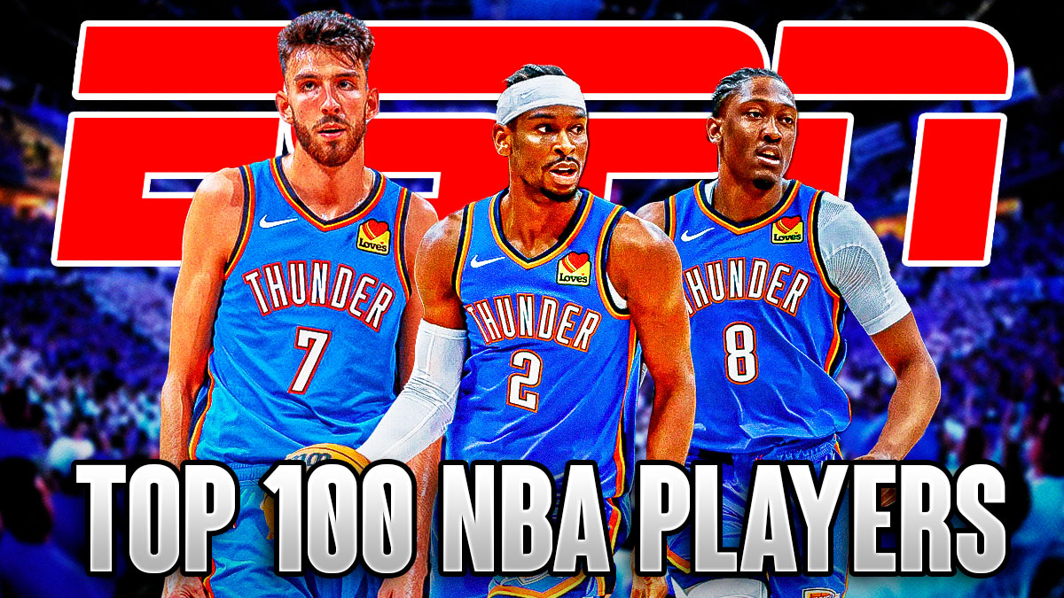 Thunder superstar guard Shai Gilgeous-Alexander, Thunder forward/center Chet Holmgren, and Thunder forward Jalen Williams next to an ESPN logo with the words "Top 100 NBA Players" next to it