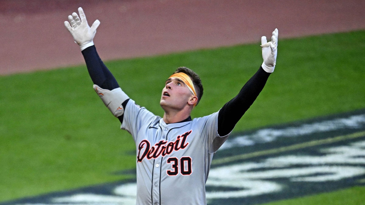 Detroit Tigers outfielder Kerry Carpenter (30) celebrates after hitting a three run home run during the ninth inning against the Cleveland Guardians during game two of the ALDS for the 2024 MLB Playoffs at Progressive Field.