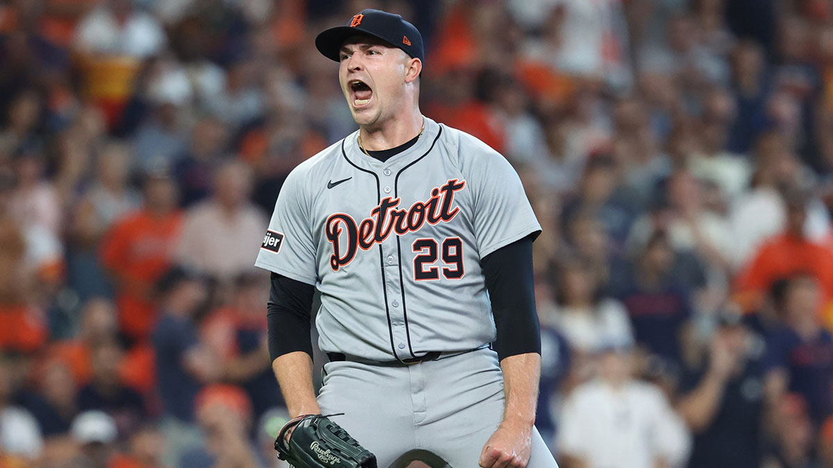 Detroit Tigers pitcher Tarik Skubal (29) reacts after a strikeout against the Houston Astros in the sixth inning in game one of the Wild Card round for the 2024 MLB Playoffs at Minute Maid Park.