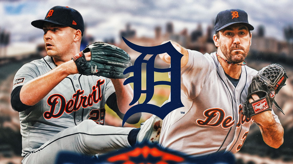 Tigers Tarik Skubal throwing a pitch next to Justin Verlander