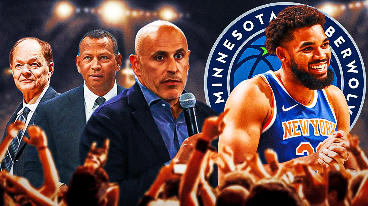 Glen Taylor, Alex Rodriguez, and Marc Lore all on one side of image looking stern, Karl-Anthony Towns on other side in New York Knicks jersey, Minnesota Timberwolves logo, basketball court in background